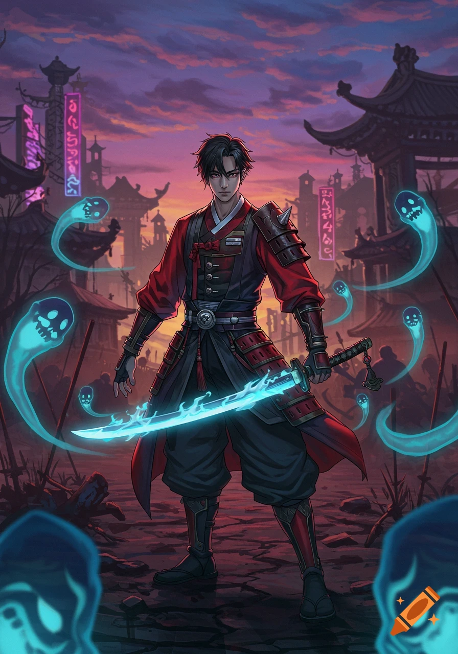 Anime demon hunter in red samurai armor holds a glowing blue sword, surrounded by blue ghosts in a dark, stylized city with neon signs.