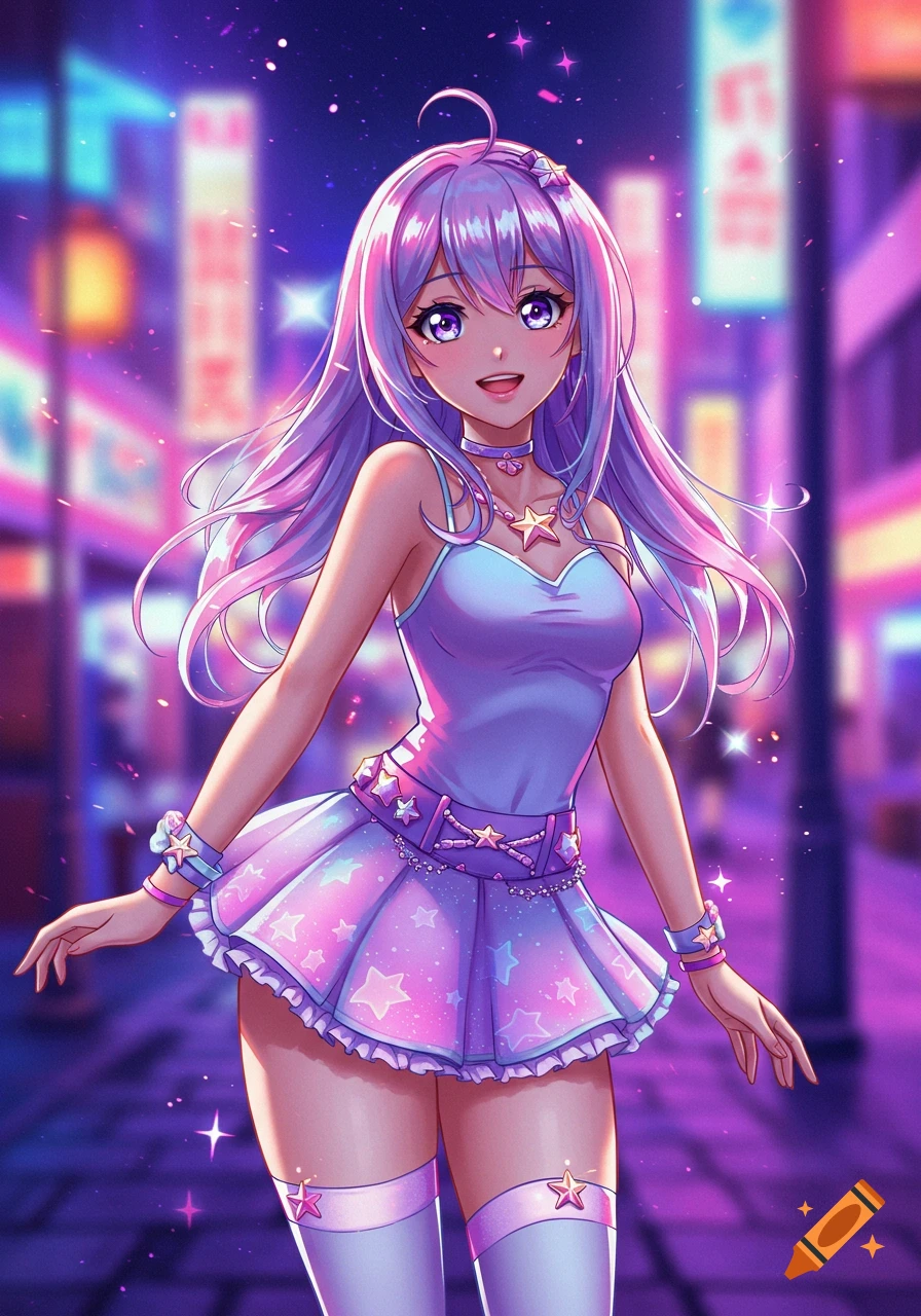 An anime girl with long purple hair and purple eyes, wearing a light blue top, star-patterned skirt, and thigh-high socks, stands in a vibrant neon city at night.
