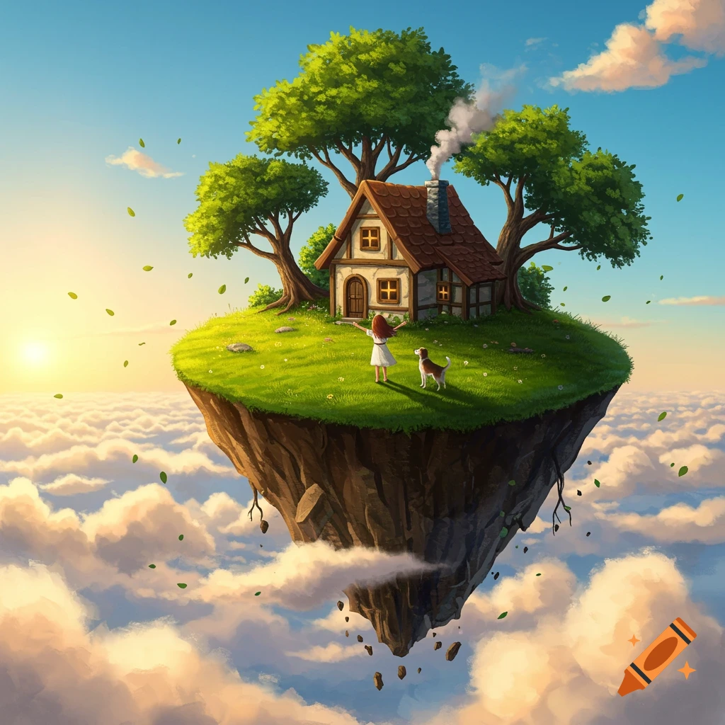 A whimsical floating island with a house, trees, a girl, and a dog, suspended above clouds at sunset in an illustrated style.