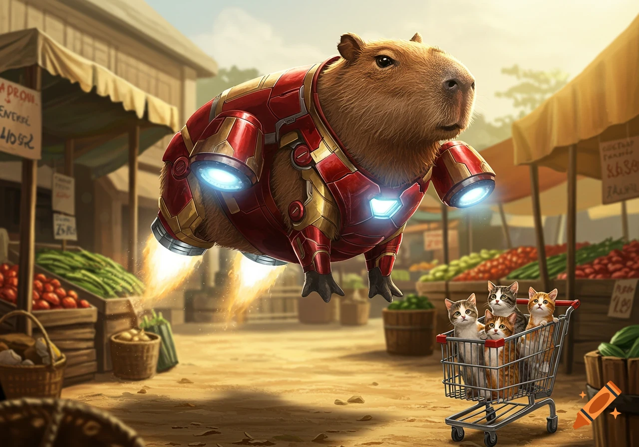 A capybara in a red and gold Iron Man suit hovers with jets over a market, looking down at a shopping cart filled with four kittens.