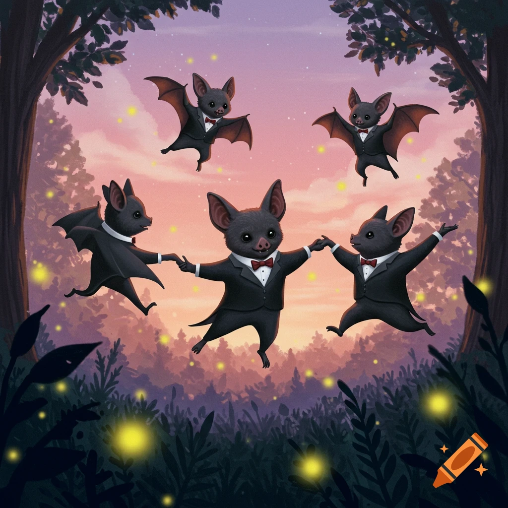 Cute cartoon bats in tuxedos dancing in a magical forest with fireflies at sunset, digital illustration.