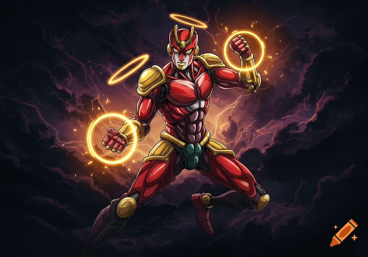 Muscular red and gold humanoid Jojo stand with glowing halos around its fists and head, against a stormy lightning background.