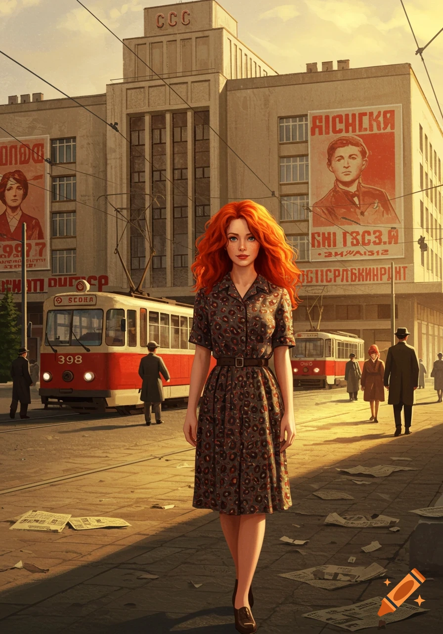 A red-haired woman in a patterned dress stands on a Soviet-era street with trams and large propaganda posters on buildings, in an illustration style.