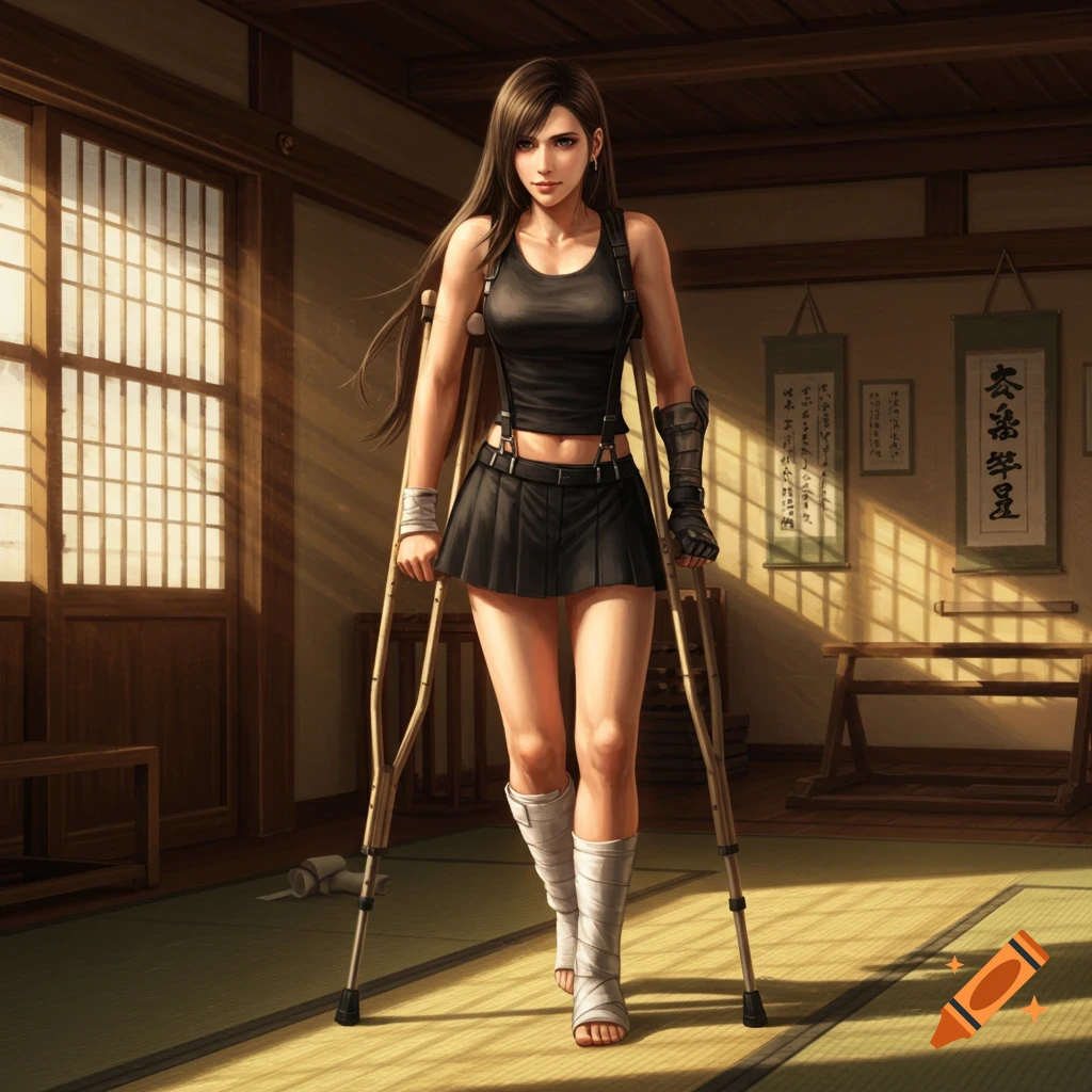 An anime-style image of Tifa Lockhart in a black tank top and skirt, with bandages on her ankle and using crutches, standing in a traditional Japanese room.