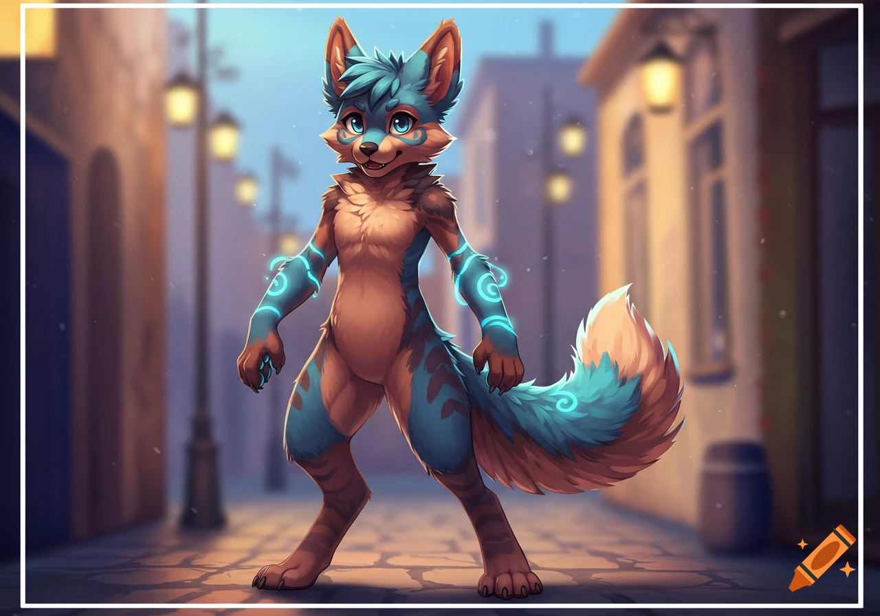 A cute, cartoonish furry fox-like character with blue and brown fur and glowing blue patterns stands in an alleyway.