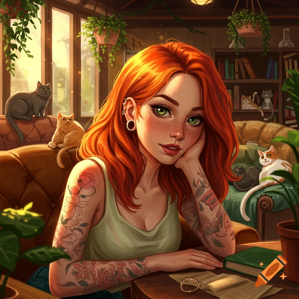 Digital illustration of a red-haired woman with tattoos and ear gauges in a cozy cat cafe, surrounded by plants and cats.