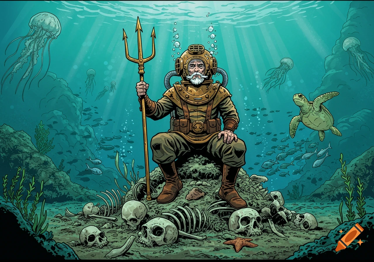 Comic art of an old diver in vintage gear, holding a trident, sitting on a pile of bones underwater with sea life.