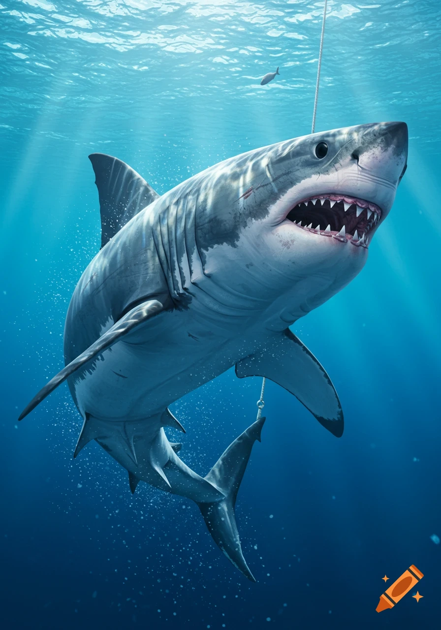 Photorealistic great white shark swimming in deep blue ocean water, with light rays filtering from the surface.
