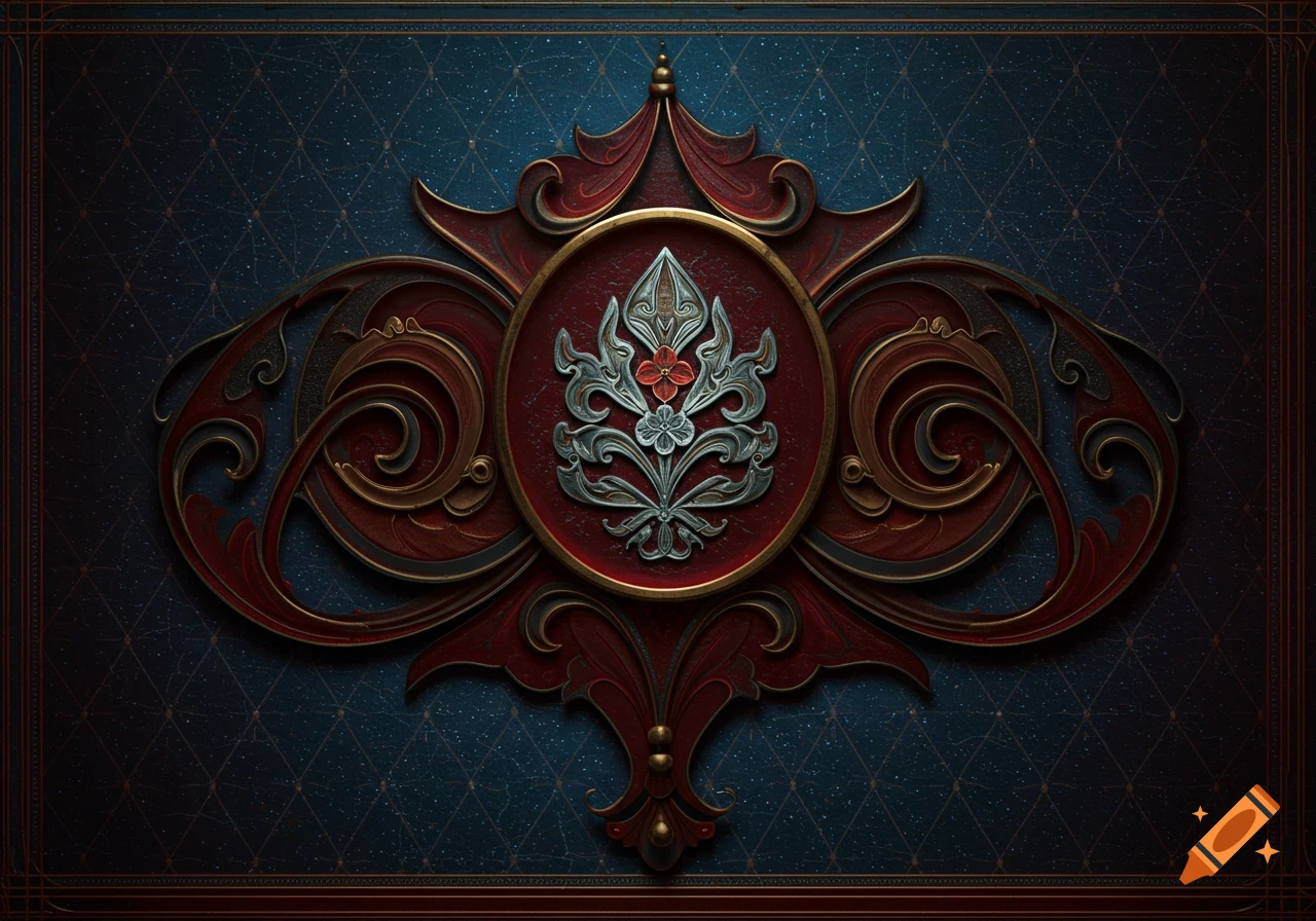 Ornate red, gold, and silver emblem with floral motifs on a dark blue patterned background.