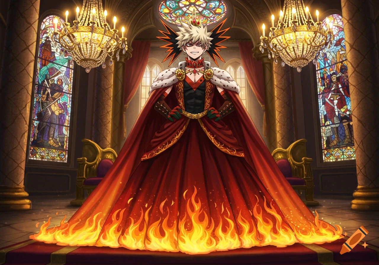 Anime character Bakugo as a fire princess in a majestic red gown, standing in a grand hall with chandeliers.