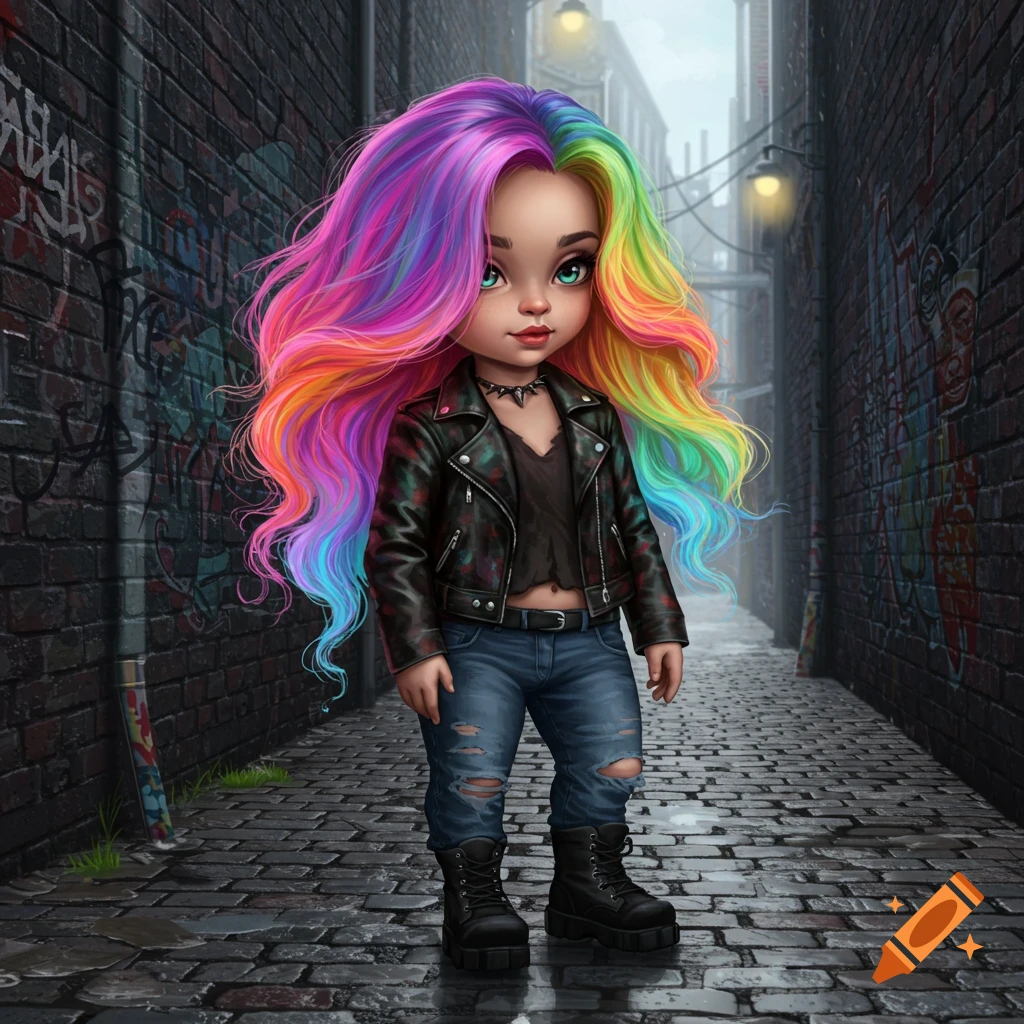 Stylized chibi girl with rainbow hair, leather jacket, and ripped jeans in a grunge alleyway.
