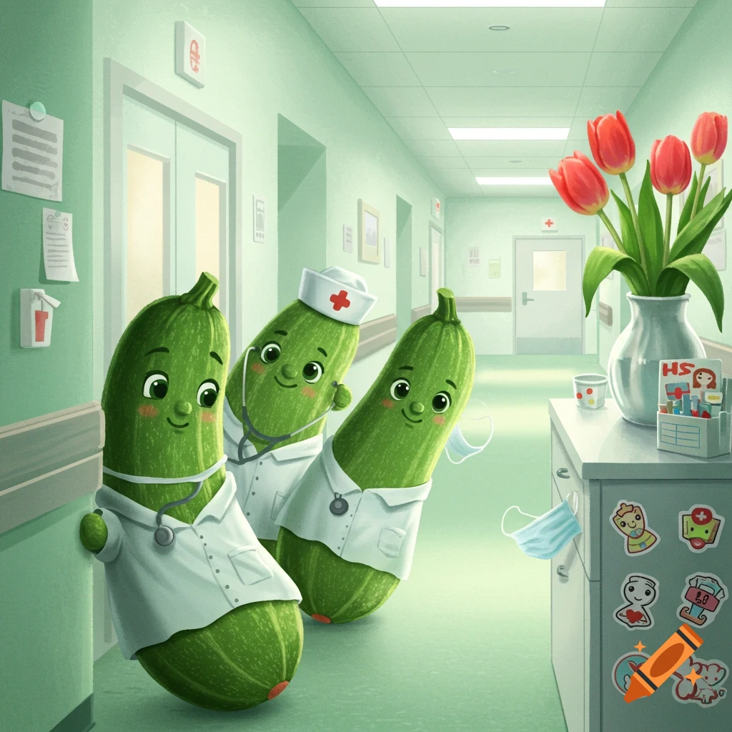Three cute, anthropomorphic zucchinis dressed as medical staff in a light green hospital hallway. One wears a nurse's cap.