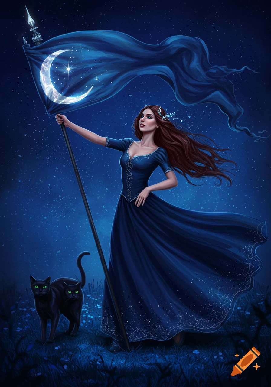 A mystical woman in a blue dress holds a flag with a glowing crescent moon and stars, flanked by two black cats in a starry night field.