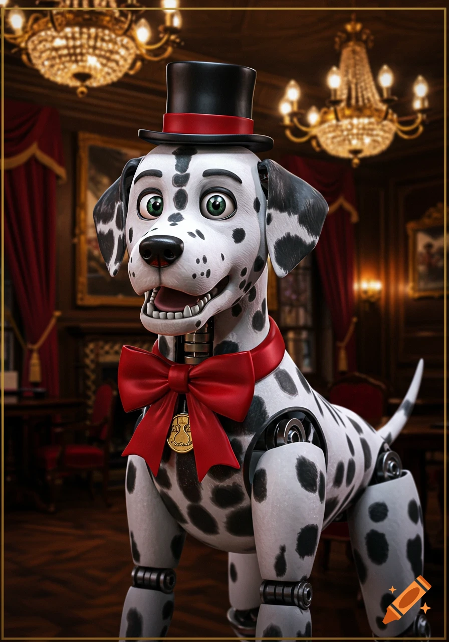 A cheerful animatronic dalmatian wearing a black top hat and a red bow tie stands in a fancy room with chandeliers.