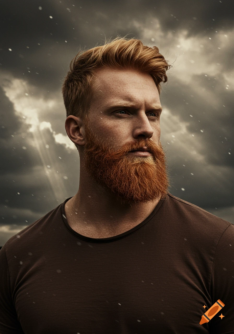 A photorealistic portrait of a ginger-bearded man in a brown t-shirt looking right against a stormy, cloudy sky.