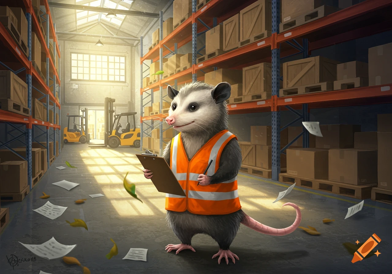 A smiling possum in an orange safety vest holds a clipboard and pen in a bright warehouse with forklifts and shelves of boxes.