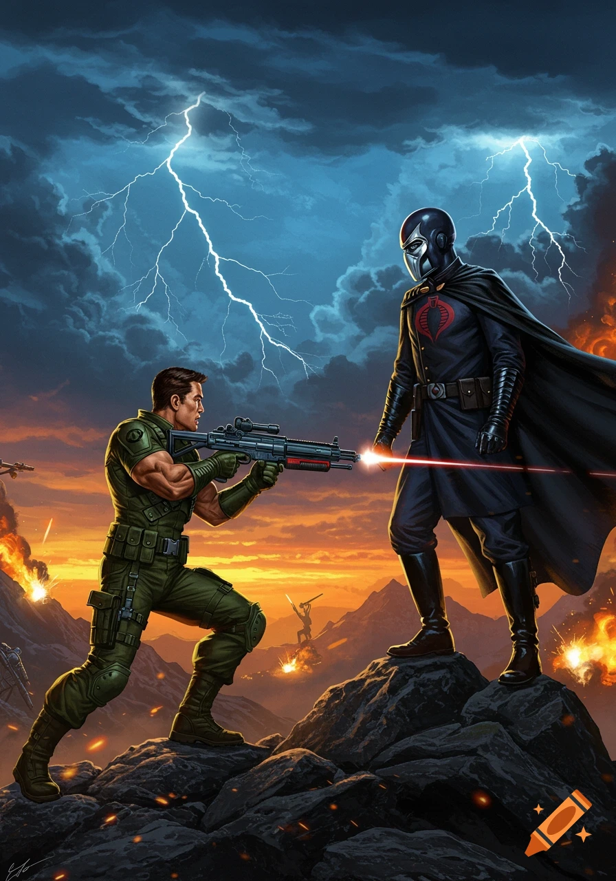 G.I. Joe soldier aims a rifle at Cobra Commander on a rocky battlefield with lightning and explosions, in a comic book art style.