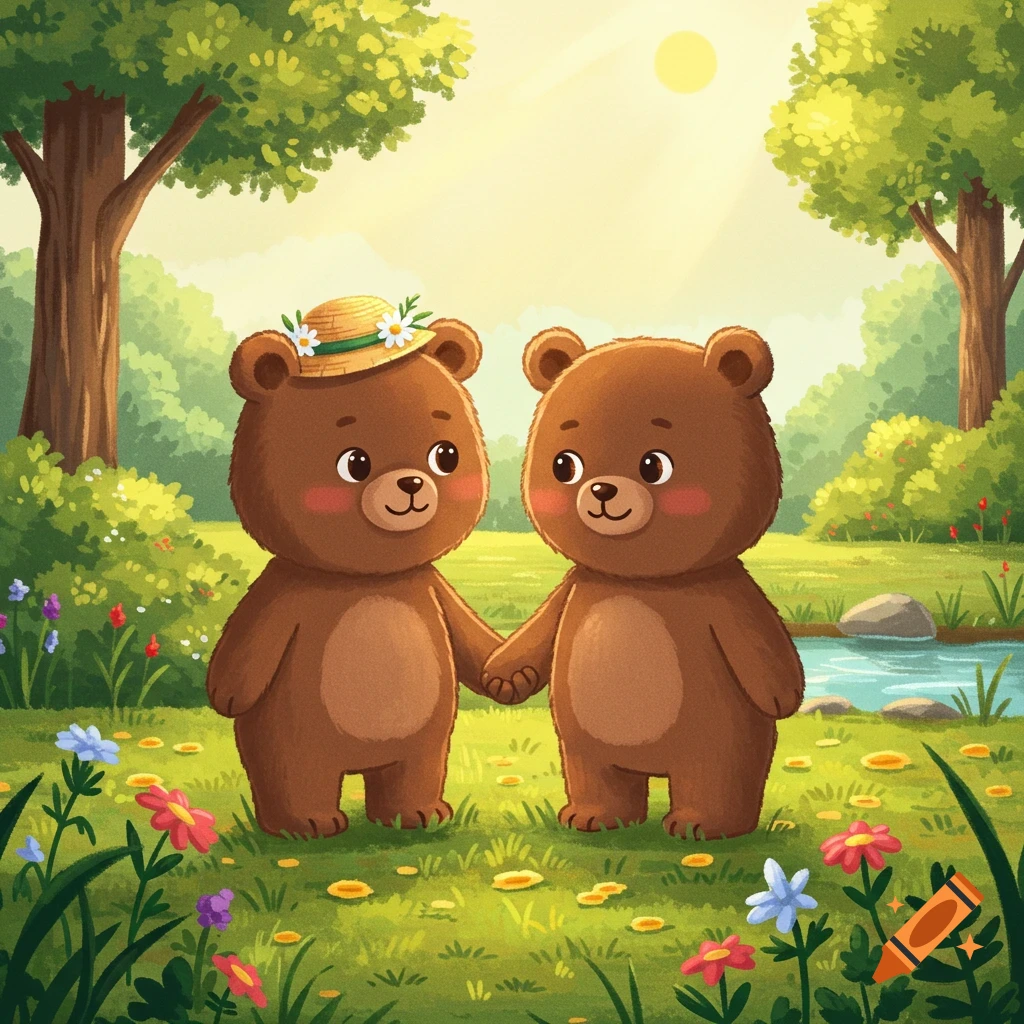 Two cute cartoon bears, one wearing a straw hat with daisies, hold hands in a sunny, vibrant green forest with a stream and wildflowers.