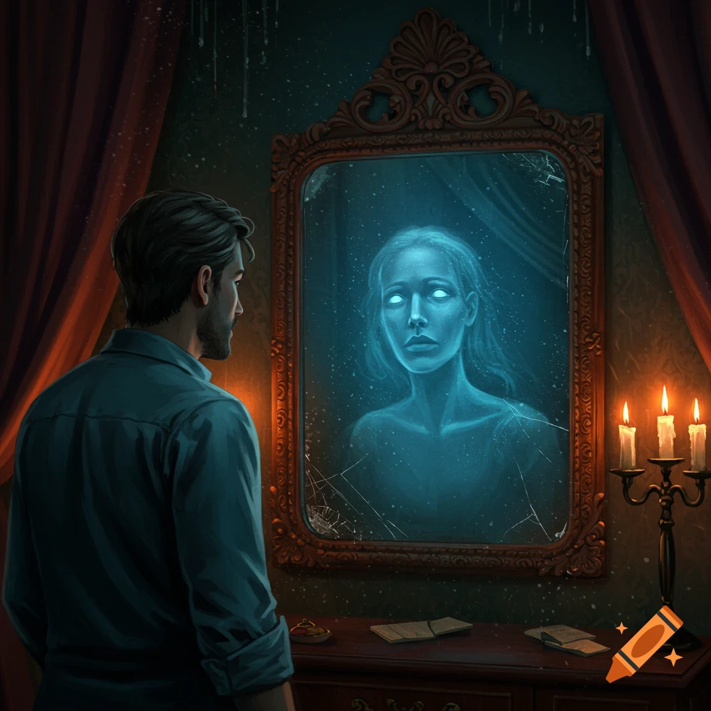 A man in a dim room looks into an ornate, cracked mirror, seeing the ghostly reflection of a woman.
