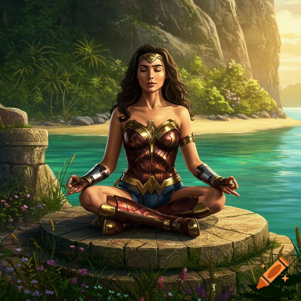 Wonder Woman meditating in a lotus pose on a stone platform by a tropical sea, surrounded by lush cliffs and a sandy beach.