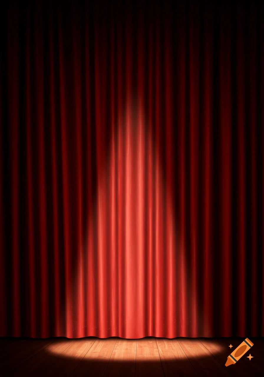 A red stage curtain illuminated by a single spotlight on a wooden floor.