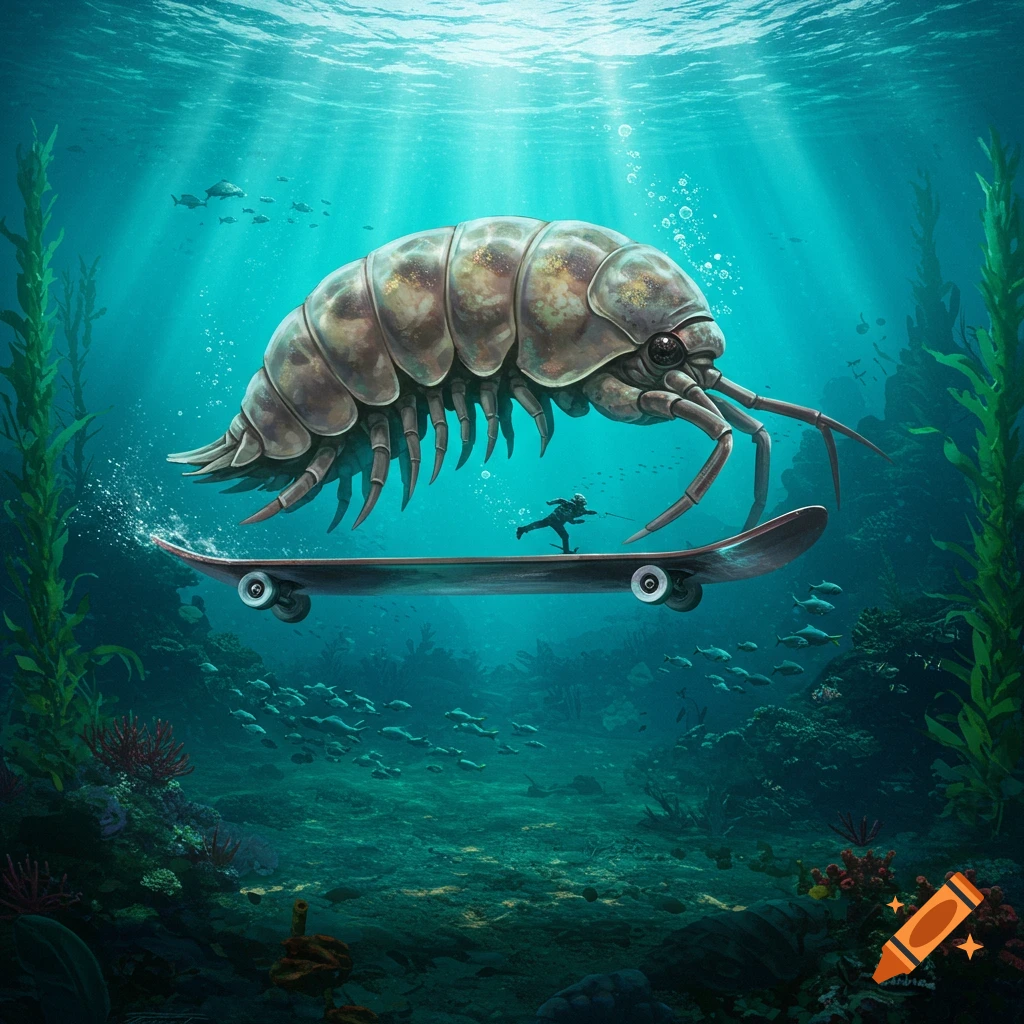 An enormous isopod pulls a tiny person on a skateboard through a detailed, sunlit underwater reef.