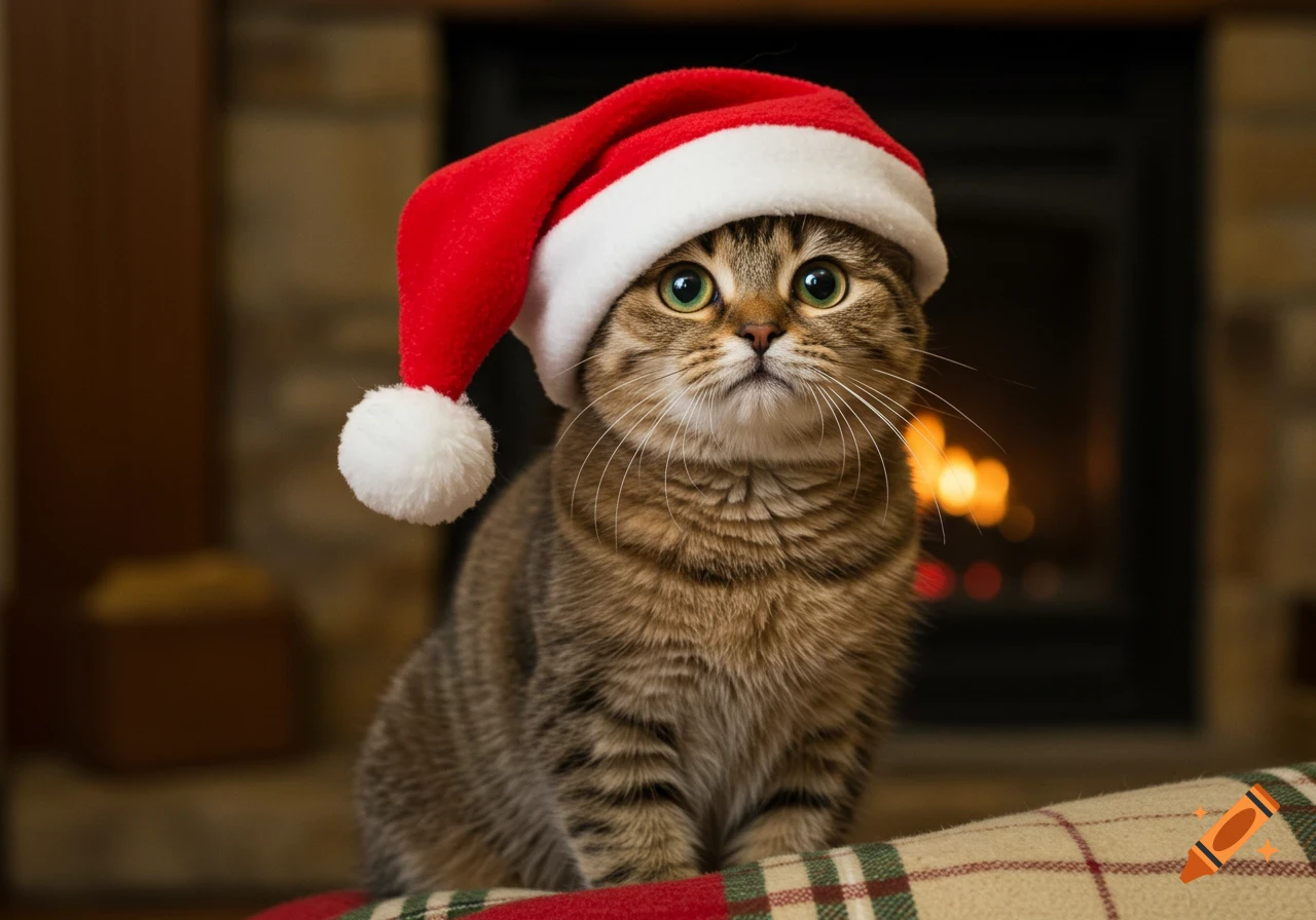 A photorealistic image of a tabby cat wearing a red Santa hat, sitting in front of a lit fireplace.