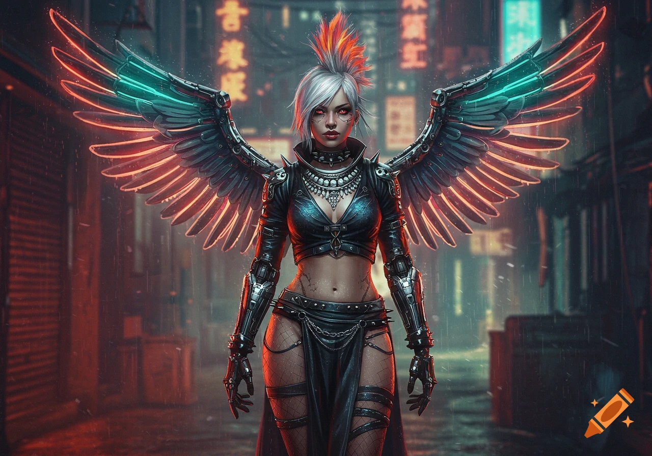 Cyberpunk woman with white hair, red eyes, glowing mechanical wings, and punk attire stands in a rainy, neon-lit city alley.