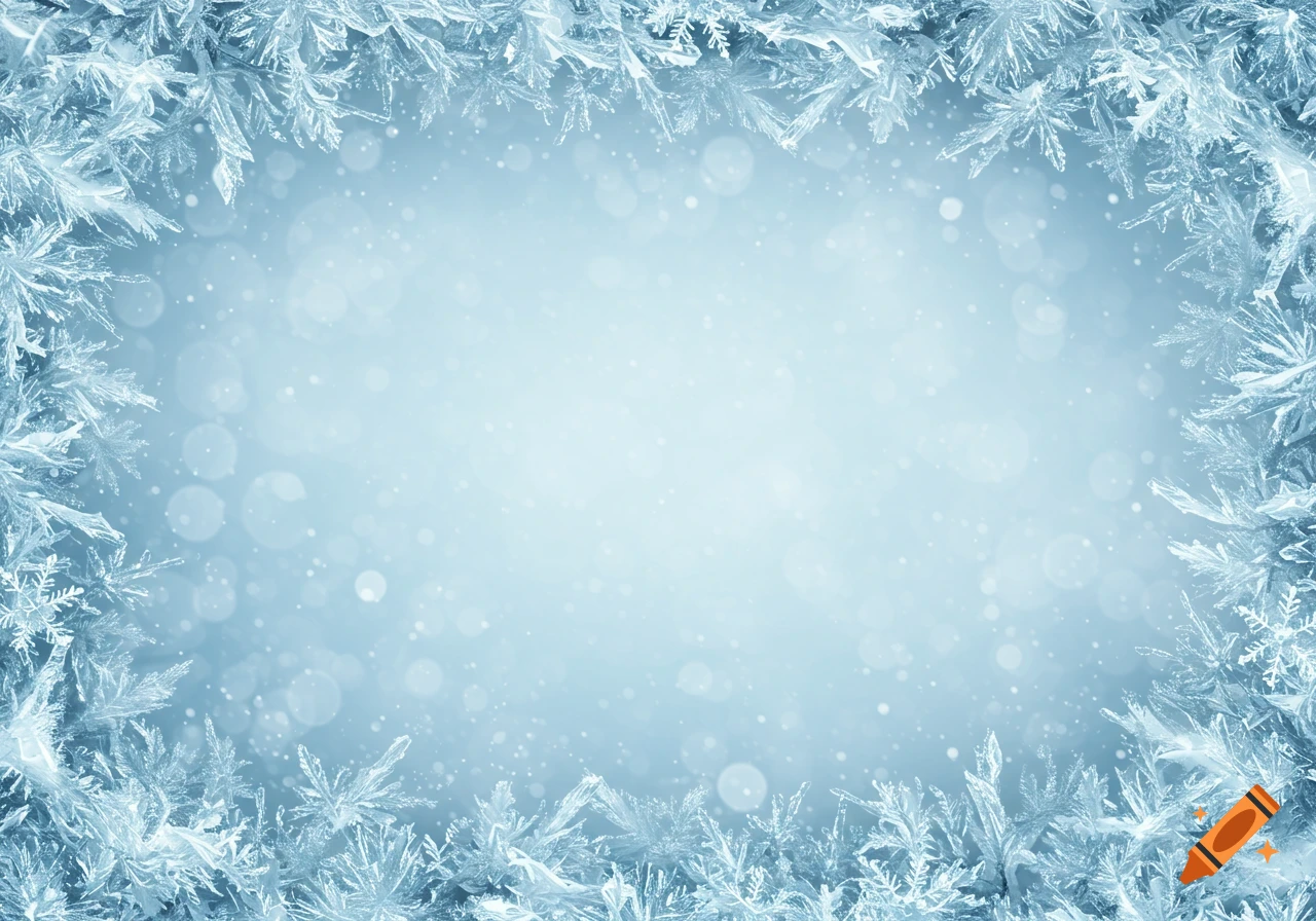 A light blue background framed by intricate frost and ice crystals, with soft bokeh lights.