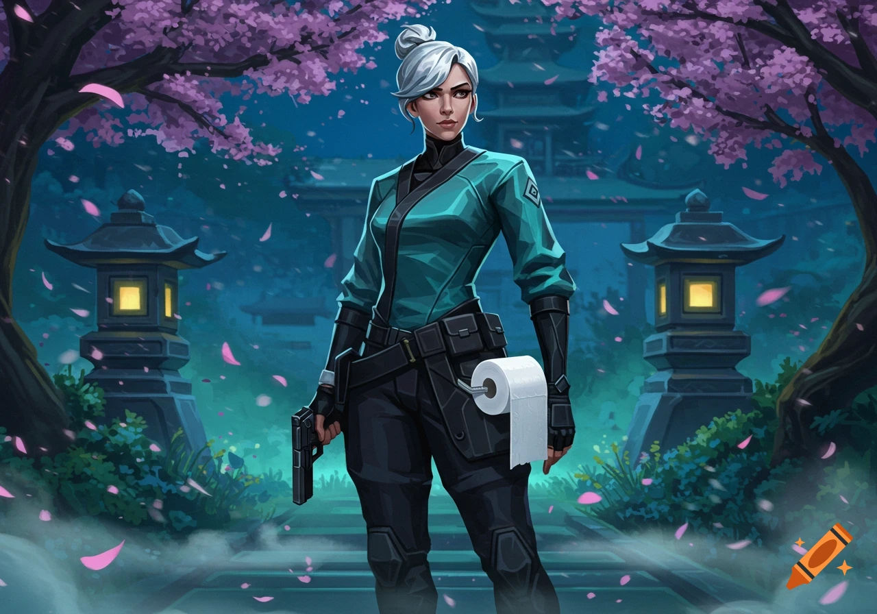 White-haired woman in a teal and black tactical outfit with a gun and toilet paper roll, standing in a cherry blossom garden at night, illustration.