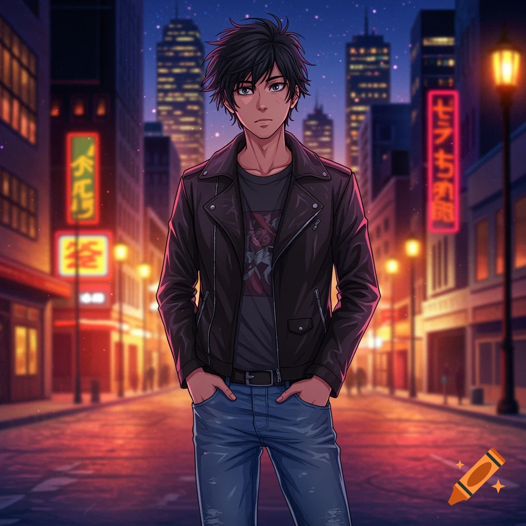 An anime-style male teen in a leather jacket and jeans stands on a city street at night with neon signs.