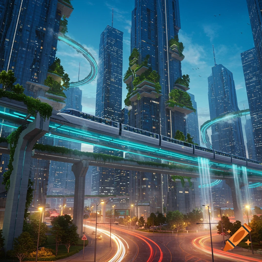 Sleek futuristic train with glowing blue tracks glides through a modern city with vertical gardens and car light trails below.