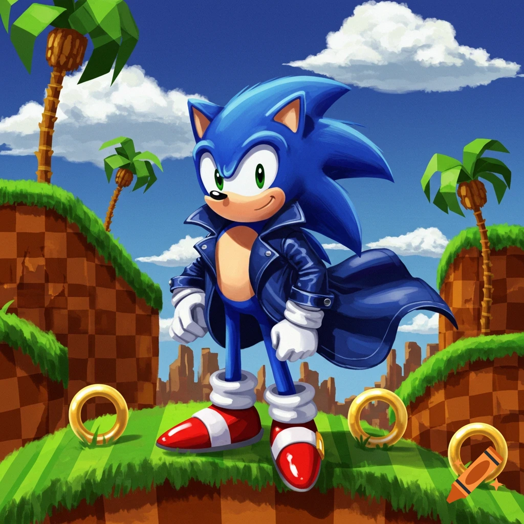 Classic Sonic the Hedgehog in a blue coat, standing in a vibrant Green Hill Zone landscape with palm trees and rings.