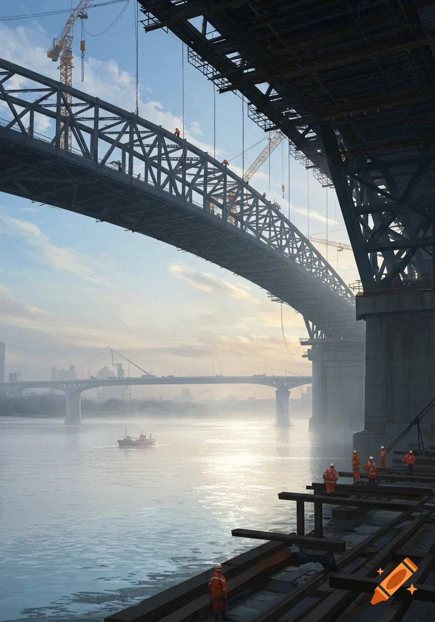 Photorealistic view of a large steel bridge under construction over a misty river, with workers, cranes, and a boat.