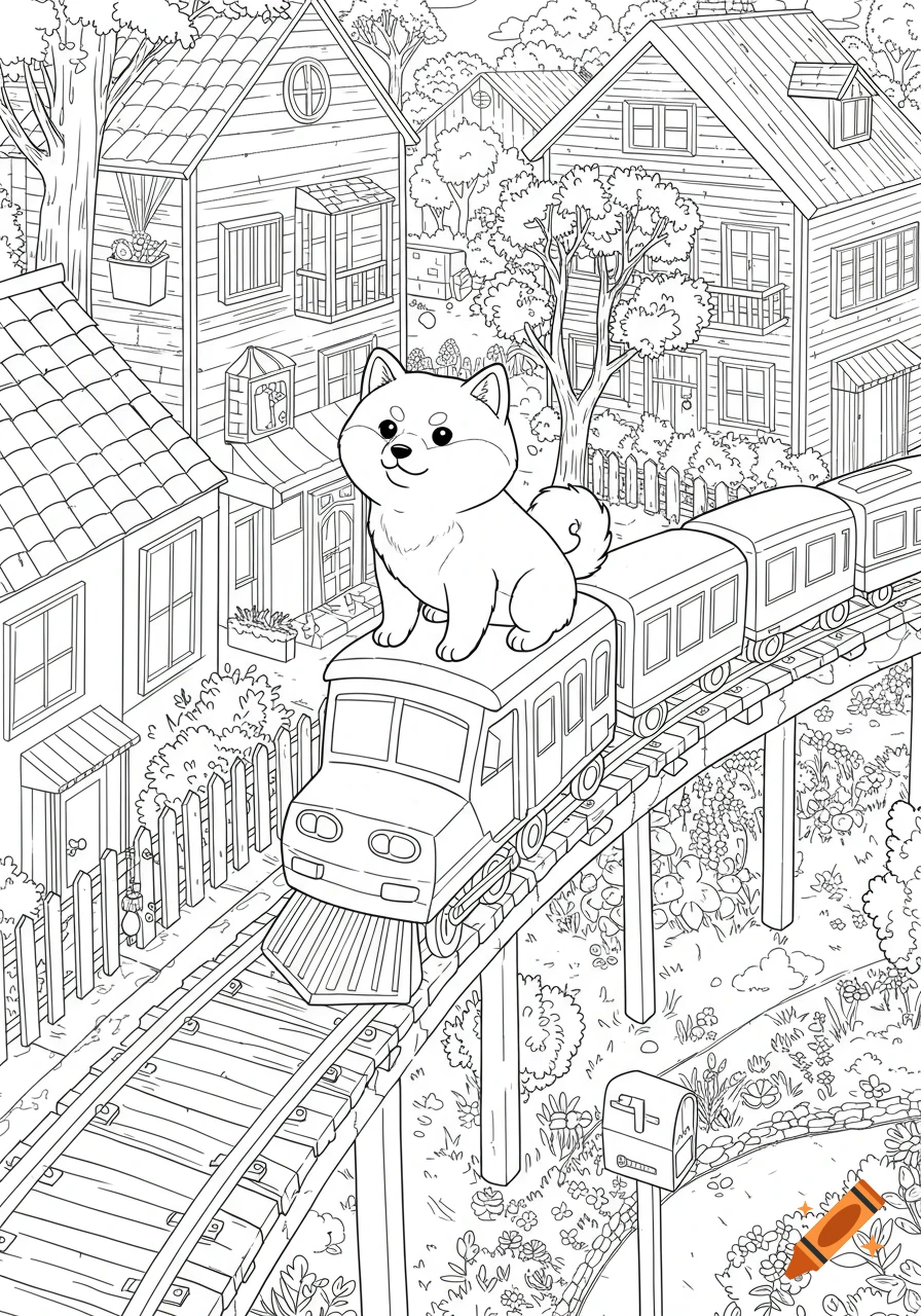 Black and white line drawing of a cute Shiba Inu riding a toy train through a detailed suburban neighborhood.