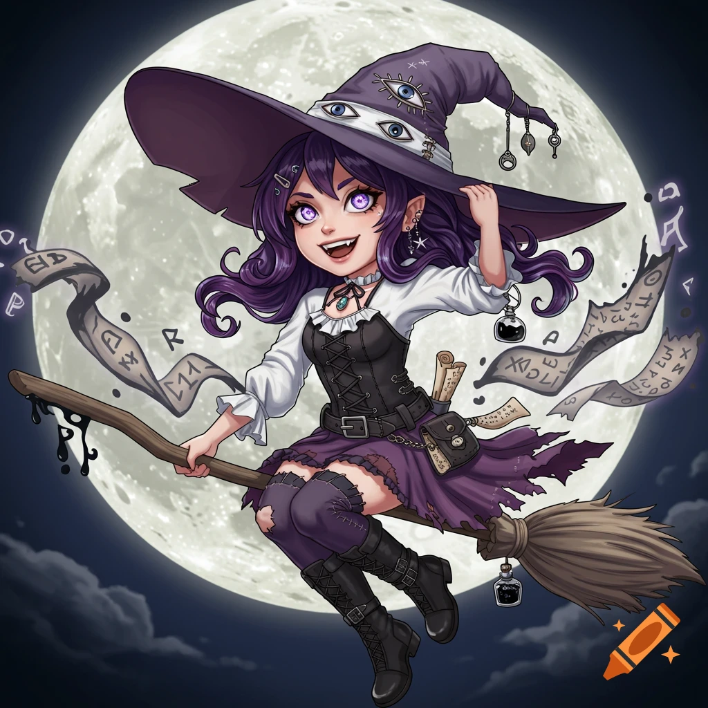 A whimsical anime-style witch with purple hair and glowing eyes grins while riding a broomstick in front of a full moon. Arcane letters float around her.