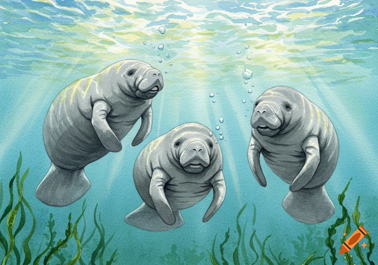 Three cute watercolor manatees swim underwater amidst green plants and light rays, with sunbeams filtering from above.
