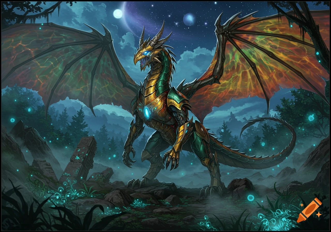 A majestic, gold and green mechanical dragon with large wings stands in a misty, moonlit forest with glowing blue flora.