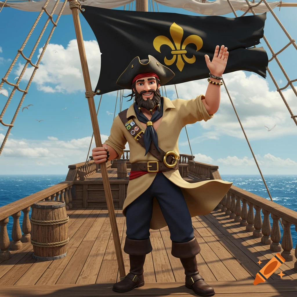A smiling cartoon pirate stands on a ship's deck, waving, with a black flag featuring a gold fleur-de-lis.