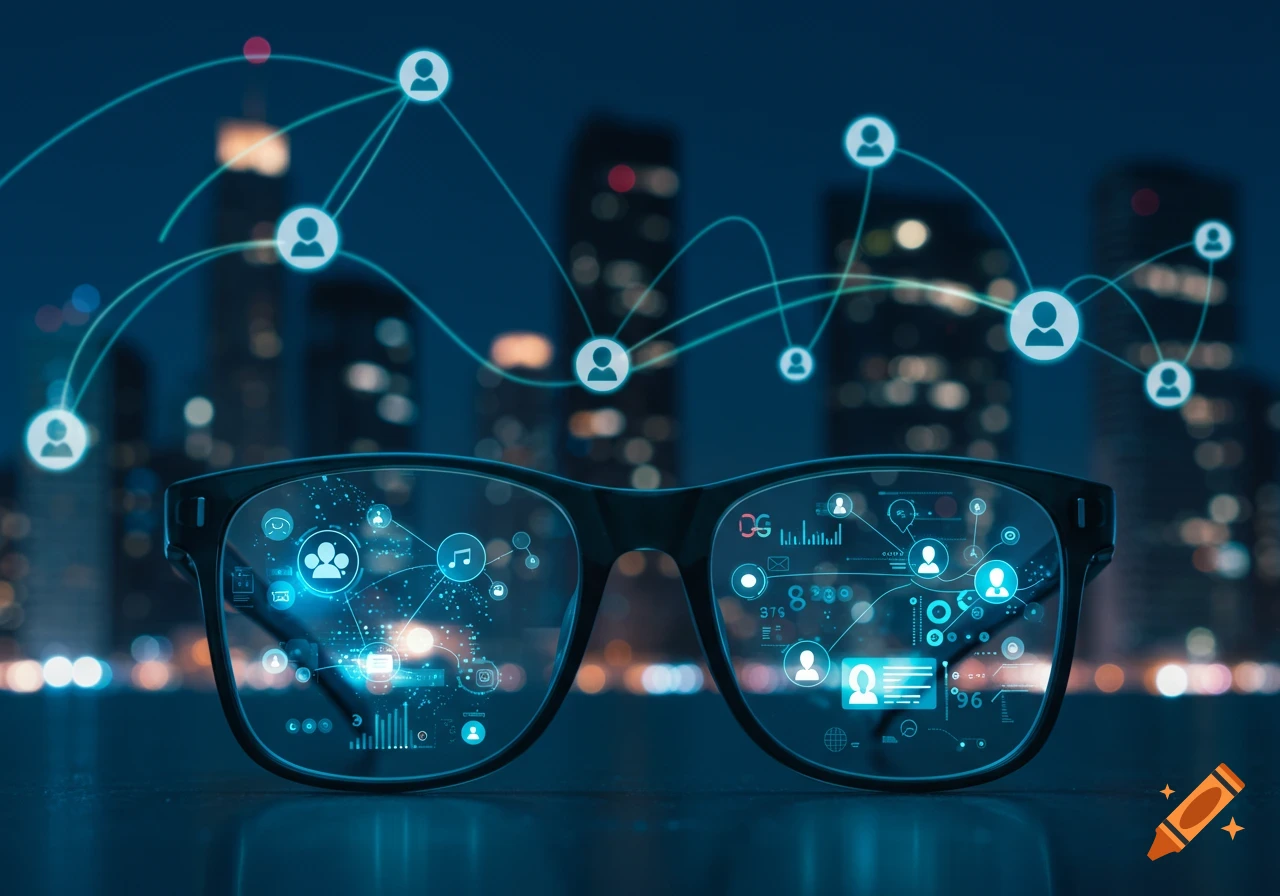 Smart glasses with a digital overlay showing social network connections and icons, set against a blurred city skyline at night.