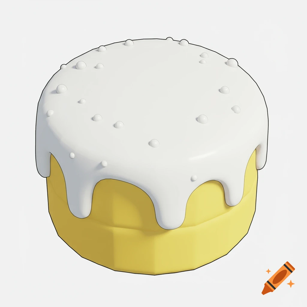 A low-poly cartoon cake with white icing dripping down the yellow sides and white sprinkles on top.