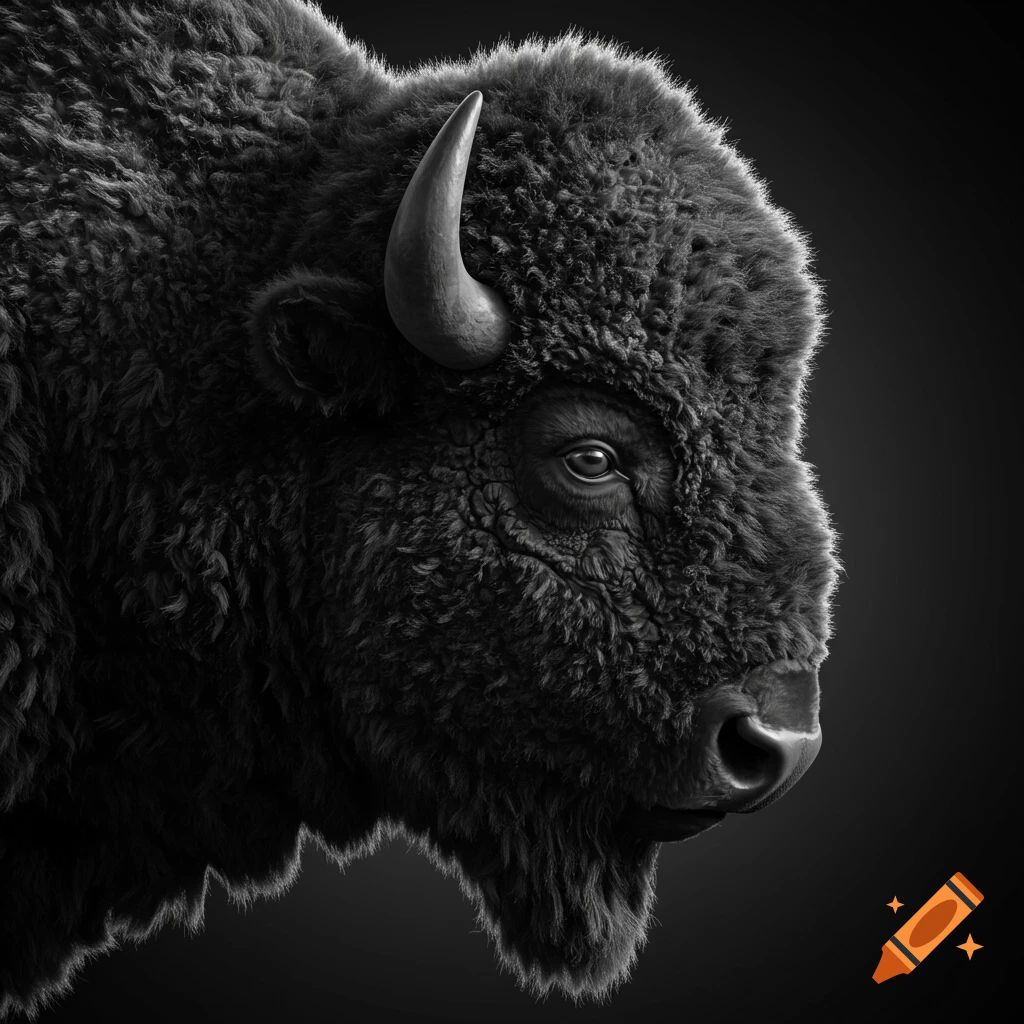 Detailed black and white close-up of a bison's head, looking to the right with intricate fur texture.