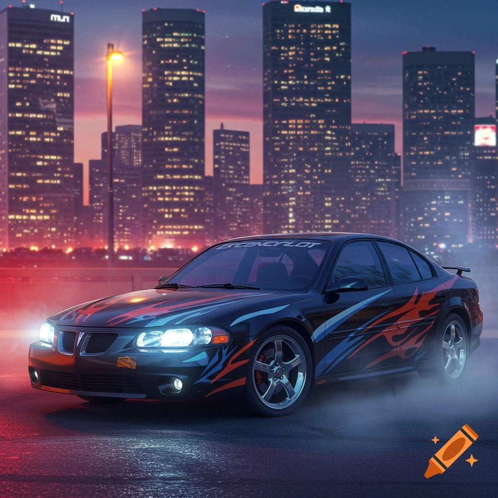 A black 2004 Pontiac Bonneville SLE with red and blue flame livery, parked on a wet street at night, with a blurry city skyline in the background.