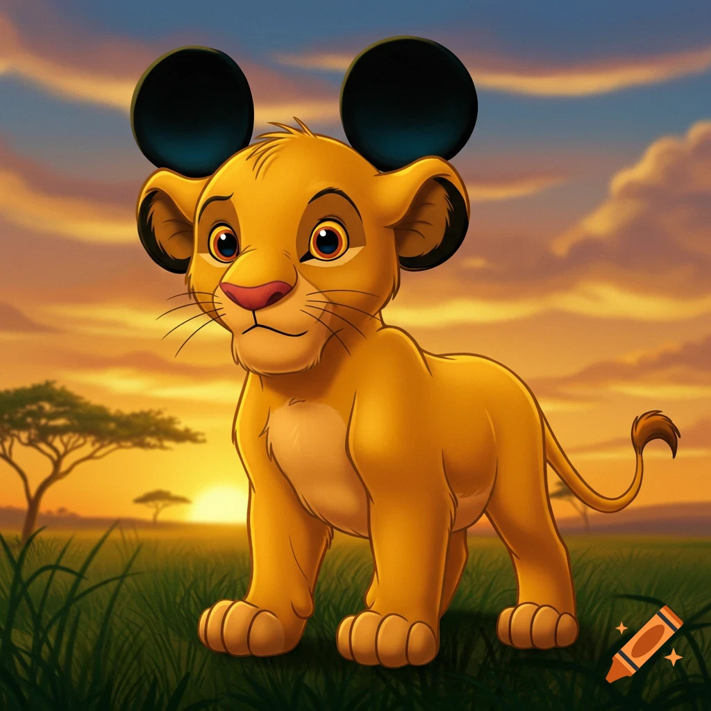 Cartoon lion cub wearing Mickey Mouse ears stands in a grassy savanna at sunset.
