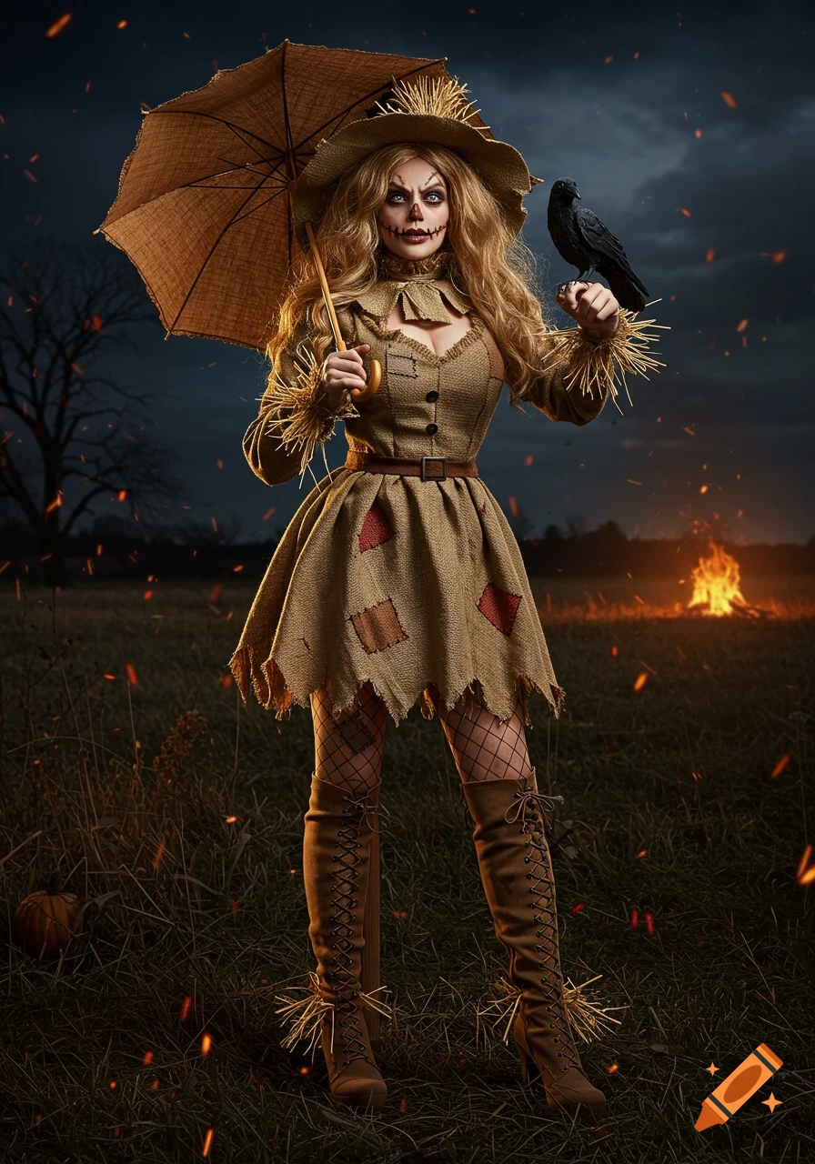 A full-body portrait of a scarecrow woman with blonde hair, wearing a patched burlap dress, fishnet tights, and tall boots. She holds an umbrella and has a raven on her hand, standing in a dark, fiery field under a stormy sky in a realistic style.