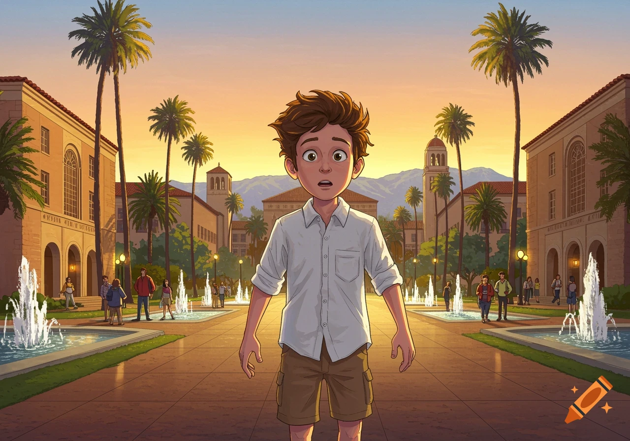 An animated boy with brown hair and a white shirt stands in shock on a sunny college campus path with fountains, palm trees, and buildings.