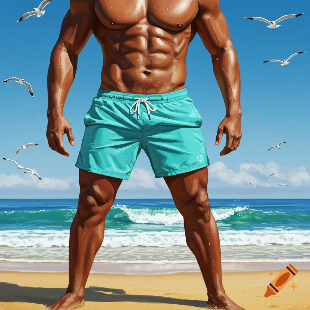 A muscular man in turquoise swim trunks stands on a sunny beach with ocean waves and seagulls in an illustrative style.