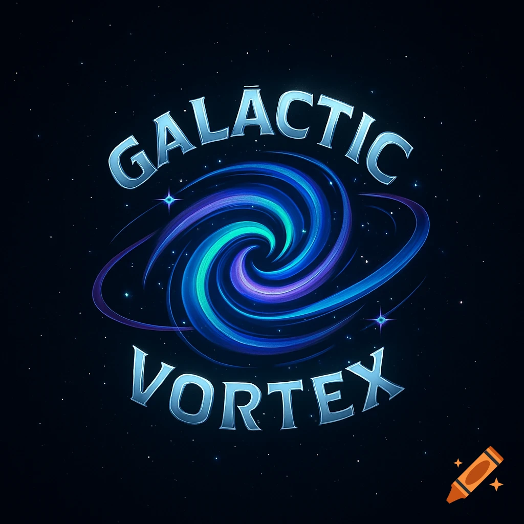 A logo for 'Galactic Vortex' featuring a swirling blue and purple galaxy against a starry dark blue background.