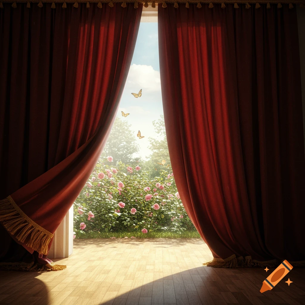 Red velvet curtains opening to a sunlit garden filled with pink roses and butterflies, a wooden floor inside.