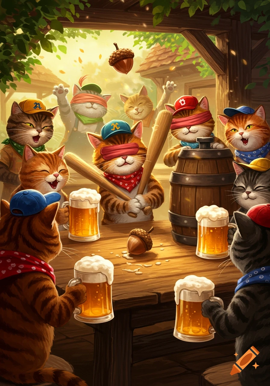 Cartoon illustration of anthropomorphic cats playing blind baseball and drinking beer around a wooden table.